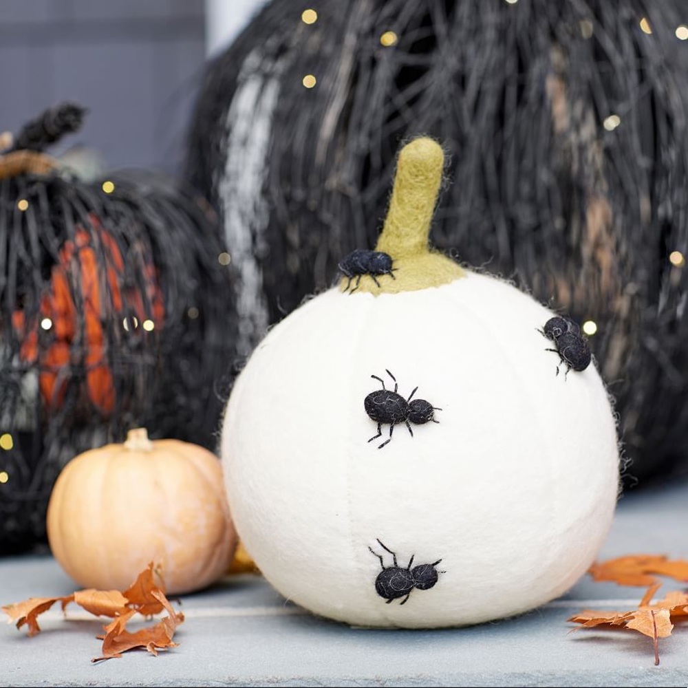 Pottery Barn kids Exclusive Handmade Wool Felt White Pumpkin with Spiders 🕷🎃 - Picture 1 of 14